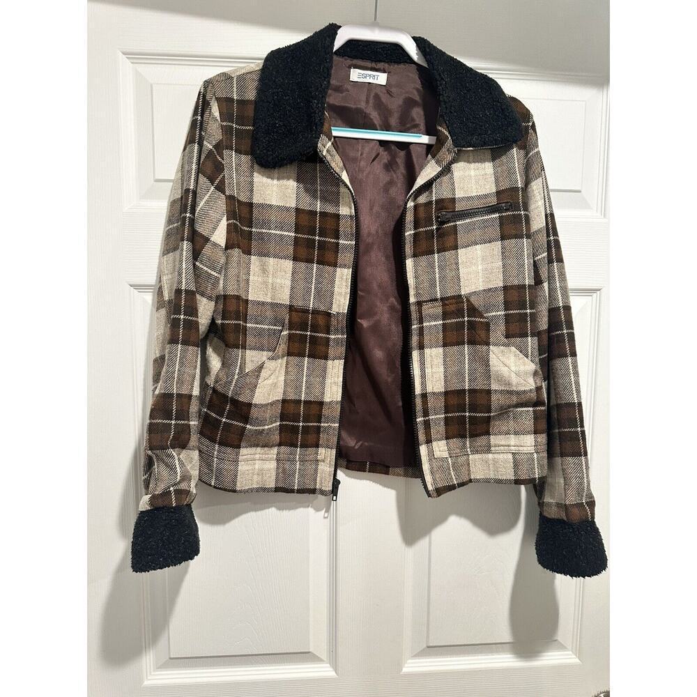 Esprit brown plaid zipper jacket size small